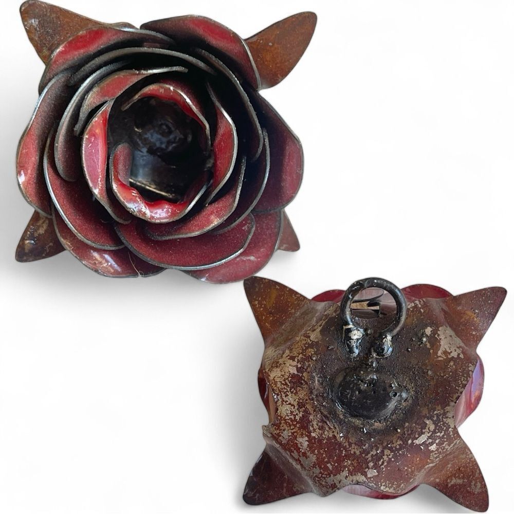 Rustic Painted Forged Metal Decorative Rose Bloom Trio in White Red Yellow - Picture 8 of 16
